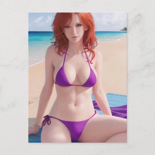 Carte Postale Red Haired Lady dans un Bikini violet (Devant)