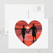 Carte Postale Red Heart Sunset Beach tenant la main (Devant / Derrière)