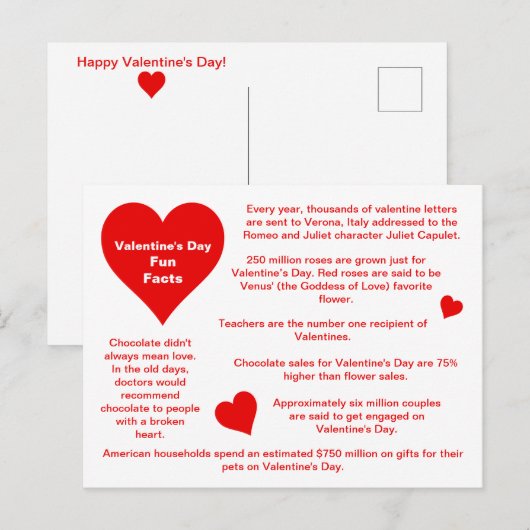 Carte Postale Red Hearts Valentine's Day Fun Facts (Devant / Derrière)