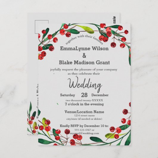 Carte Postale Red Holly Berries Wreath Xmas Faire-part de mariag (Devant / Derrière)