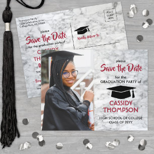 Carte Postale Red & Marbre blanc Graduation Photo Enregistrer la