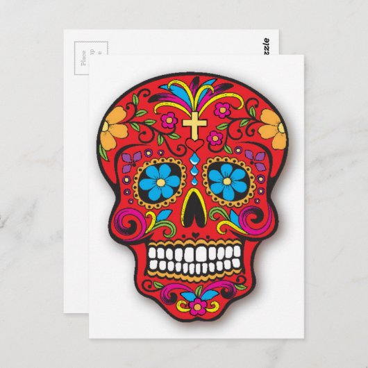 Carte Postale Red Mexican Sugar Skull Day of the Dead (Devant / Derrière)