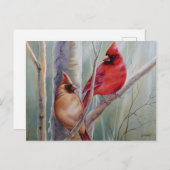 Carte Postale Red Northern Cardinal Bird Pair Aquarelle Art (Devant / Derrière)