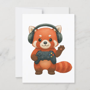 Carte Postale Red Panda Gamer, contrôleur de jeu et casques