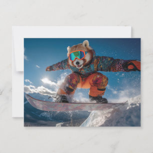 Carte Postale Red Panda Snowboard en combinaison de neige coloré