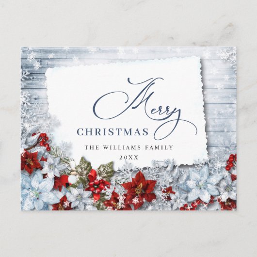 Carte Postale Red Poinsettia Holly Rustic Voeux de Noël (Devant)