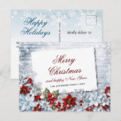 Carte Postale Red Poinsettia Holly Salutation de Noël rustique (Devant / Derrière)