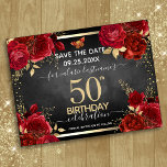 Carte Postale Red Roses 50e anniversaire Enregistrer la date<br><div class="desc">Roses rouges,  faux feuilles de feuille d'or,  minuscule papillon rouge et or. Design floral élégant pour toute célébration d'anniversaire d'année.Facile à personnaliser avec modèle. Magnifique enregistrer la date anniversaire design modèle.</div>