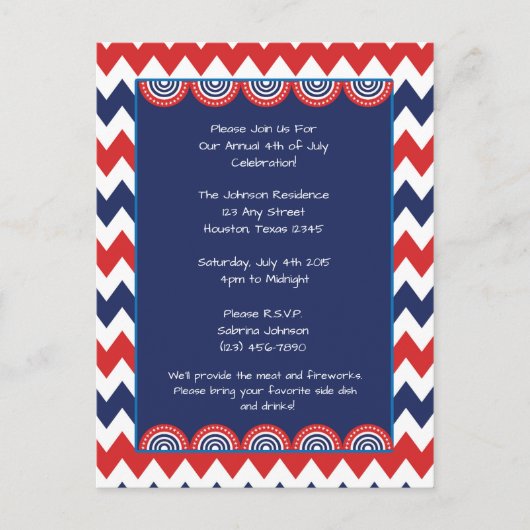 Carte Postale Red White Blue Chevron 4 juillet Invitation de la  (Devant)
