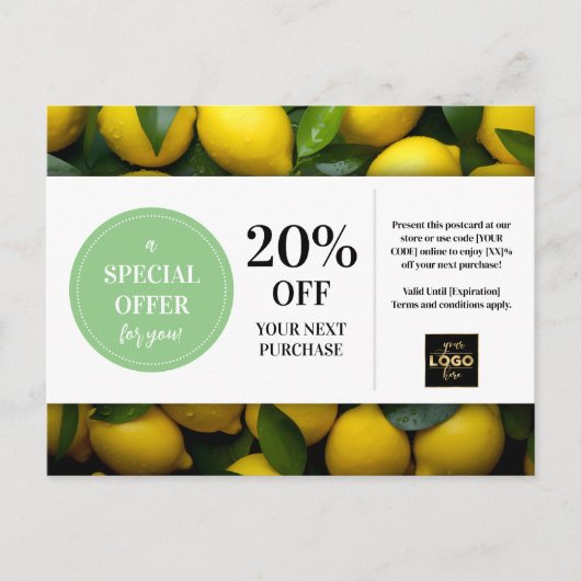 Carte Postale Réduction sur coupon personnalisé citron (Devant)