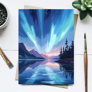 Carte Postale Reflet du lac des lumières du Nord dans le ciel no