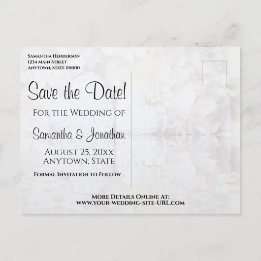 Carte Postale Réflexions blanches Mariage Enregistrer la date Ca (Dos)