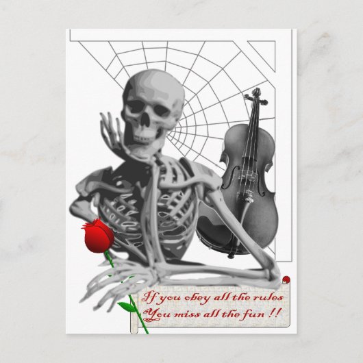 Carte Postale Règle Breaking Skeleton avec Rose et Violon. (Devant)