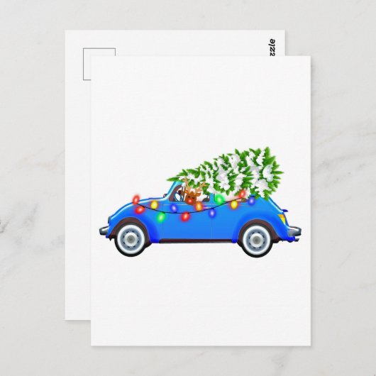 Carte Postale Reindeer driving a beetle with christmas treeb (Devant / Derrière)