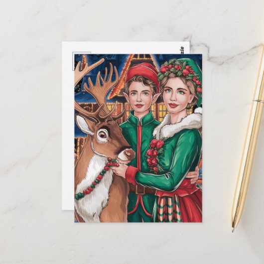 Carte Postale Reindeer et deux de Père Noël Helpers (Devant/Arrière en situation)
