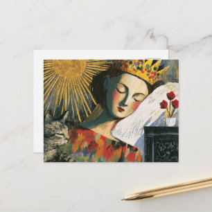 Carte Postale Reine de fantasy et son chat au lit