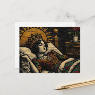 Carte Postale Reine de la gravure sur bois et son chat au lit