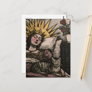 Carte Postale Reine endormie magnifique en xylographie et son ch