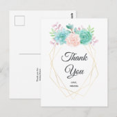 Carte Postale Remerciement aquarelle de succulente rose et verte (Devant / Derrière)