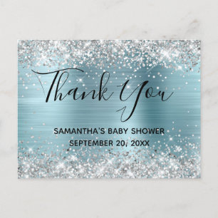 Carte Postale Remerciement Baby Shower Bleu Pailleté Argenté