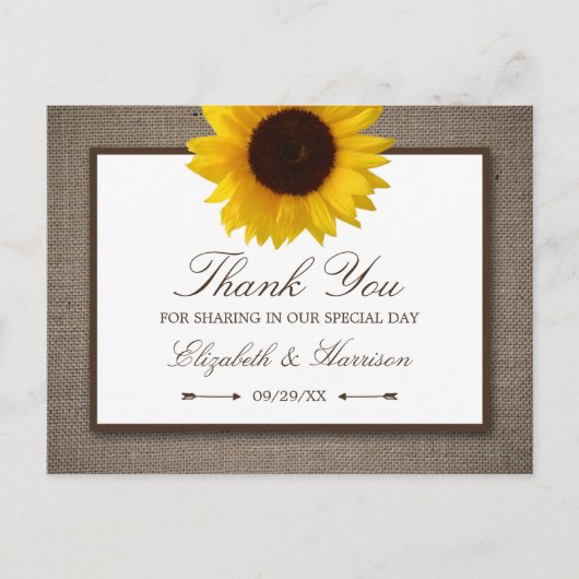 Carte Postale Remerciement Country Rustique Tournesol et Toile d (Devant)