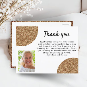 Carte Postale Remerciement d'anniversaire photo paillettes dorée