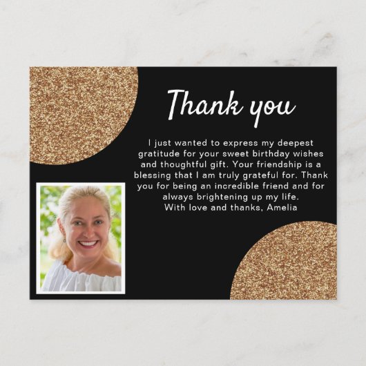 Carte Postale Remerciement d'anniversaire photo paillettes or no (Devant)