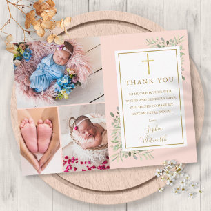 Carte Postale Remerciement de baptême avec feuillage rose pâle 3