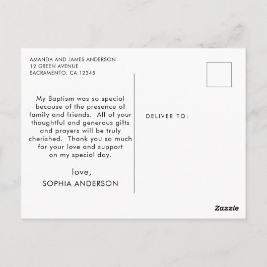 Carte Postale Remerciement de baptême pêche et or (Dos)