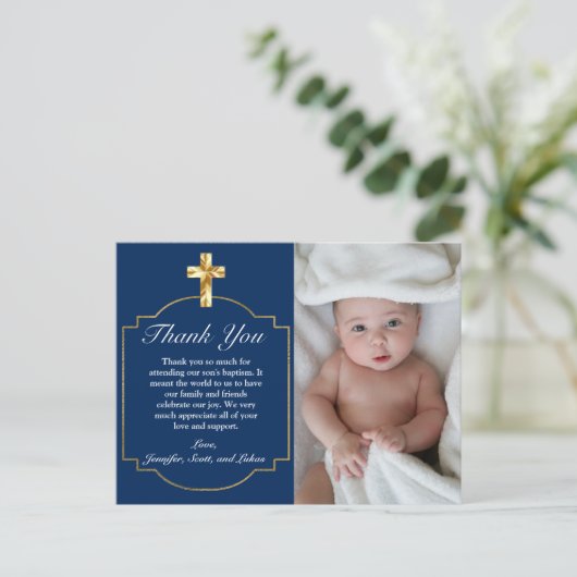 Carte Postale Remerciement de baptême pour garçon Croix dorée bl (Debout devant)