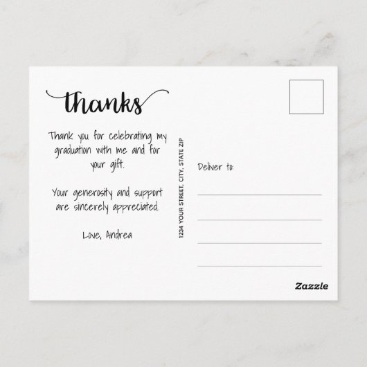 Carte Postale Remerciement de diplôme photo avec un script moder (Dos)