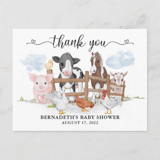 Carte Postale Remerciement de joli animal de ferme de campagne à (Devant)