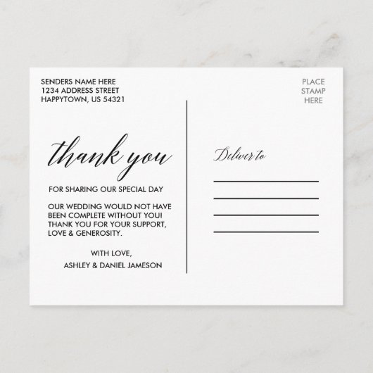 Carte Postale Remerciement de mariage à l'aquarelle et à la call (Dos)