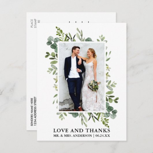 Carte Postale Remerciement de mariage à l'aquarelle Eucalyptus V (Devant / Derrière)