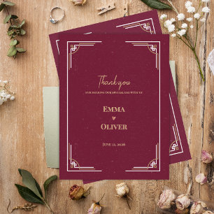 Carte Postale Remerciement de mariage Art Déco or burgundy Tenue