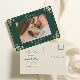 Carte Postale Remerciement de mariage baroque or et vert émeraud