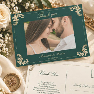 Carte Postale Remerciement de mariage baroque or et vert émeraud