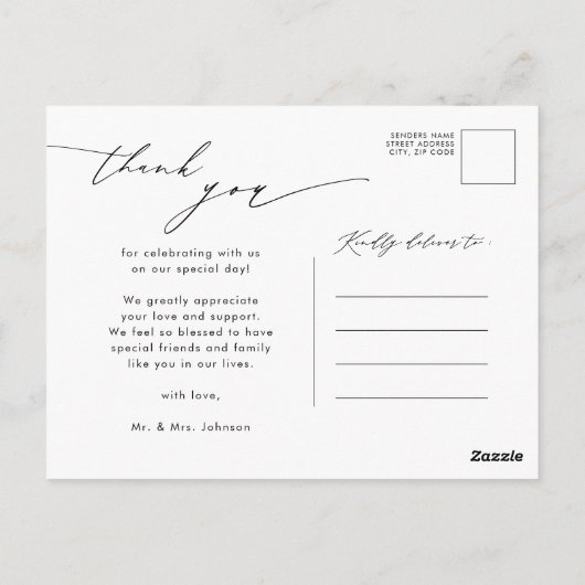 Carte Postale Remerciement de mariage élégant avec écriture de f (Dos)