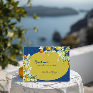 Carte Postale Remerciement de mariage élégant bleu or floral cit