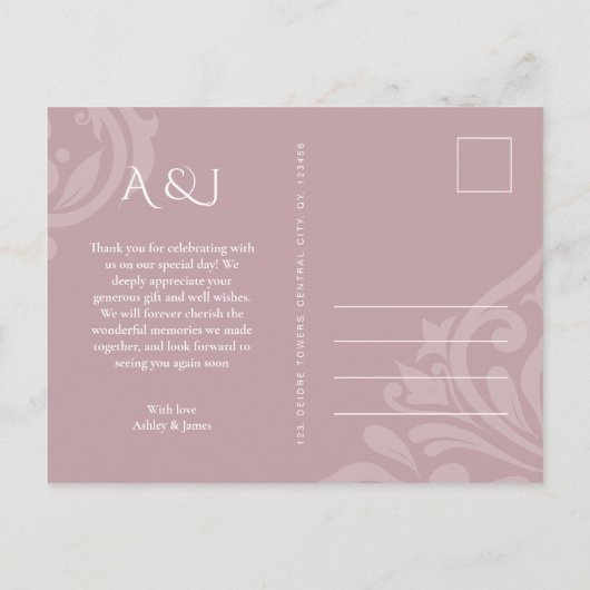 Carte Postale Remerciement de mariage élégant damassé classique (Dos)