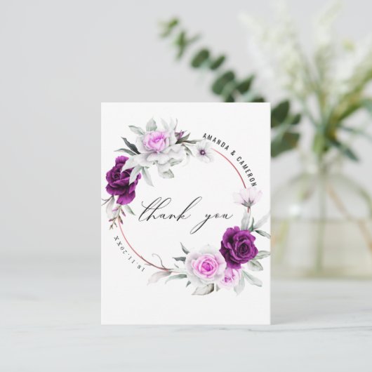 Carte Postale Remerciement de mariage élégant rustique violet bl (Debout devant)