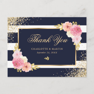 Carte Postale Remerciement de mariage floral bleu marine or rose