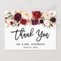 Remerciement de mariage floral bordeaux écriture p