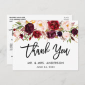 Carte Postale Remerciement de mariage floral bordeaux écriture p (Devant / Derrière)