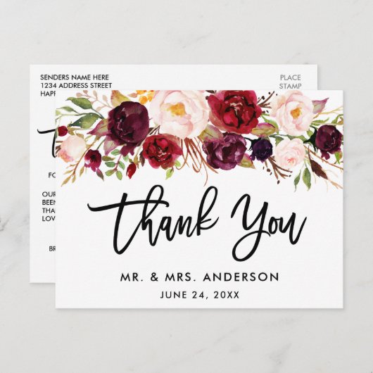 Carte Postale Remerciement de mariage floral bordeaux écriture p (Devant / Derrière)