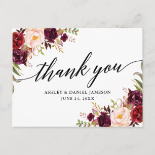Carte Postale Remerciement de mariage floral burgogne calligraph