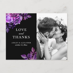 Carte Postale Remerciement de mariage floral noir et violet aqua