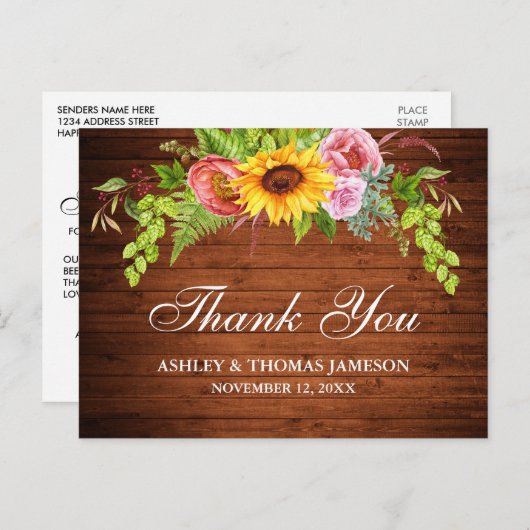 Carte Postale Remerciement de mariage floral tournesol bois rust (Devant / Derrière)