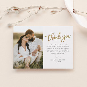 Carte Postale Remerciement de mariage photo écriture or moderne 