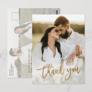 Carte Postale Remerciement de mariage photo moderne écriture or 